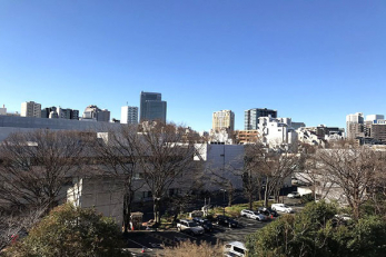 住戸からの眺望写真　バルコニーからの眺望／渋谷川を挟んで広尾病院の広い駐車場があります。